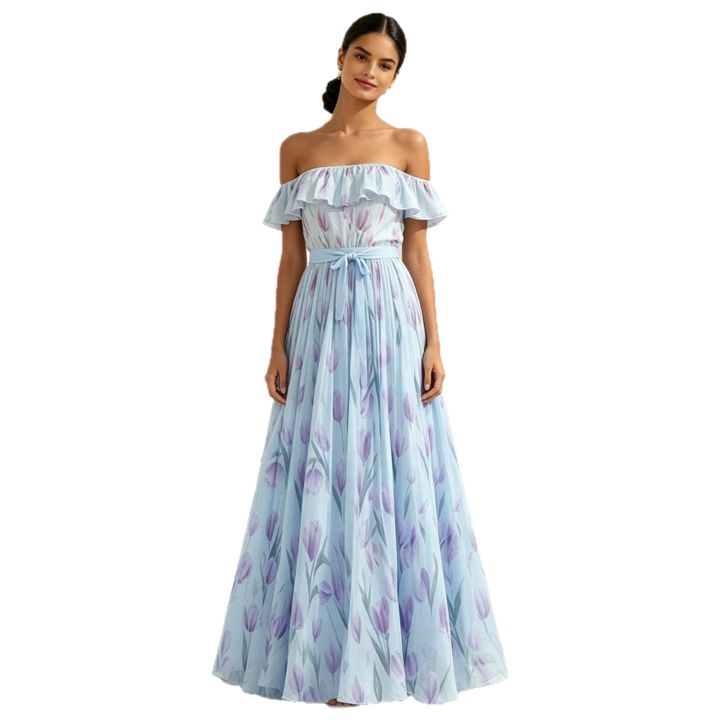 Women's Waist-Cinching Printed Maxi Dress