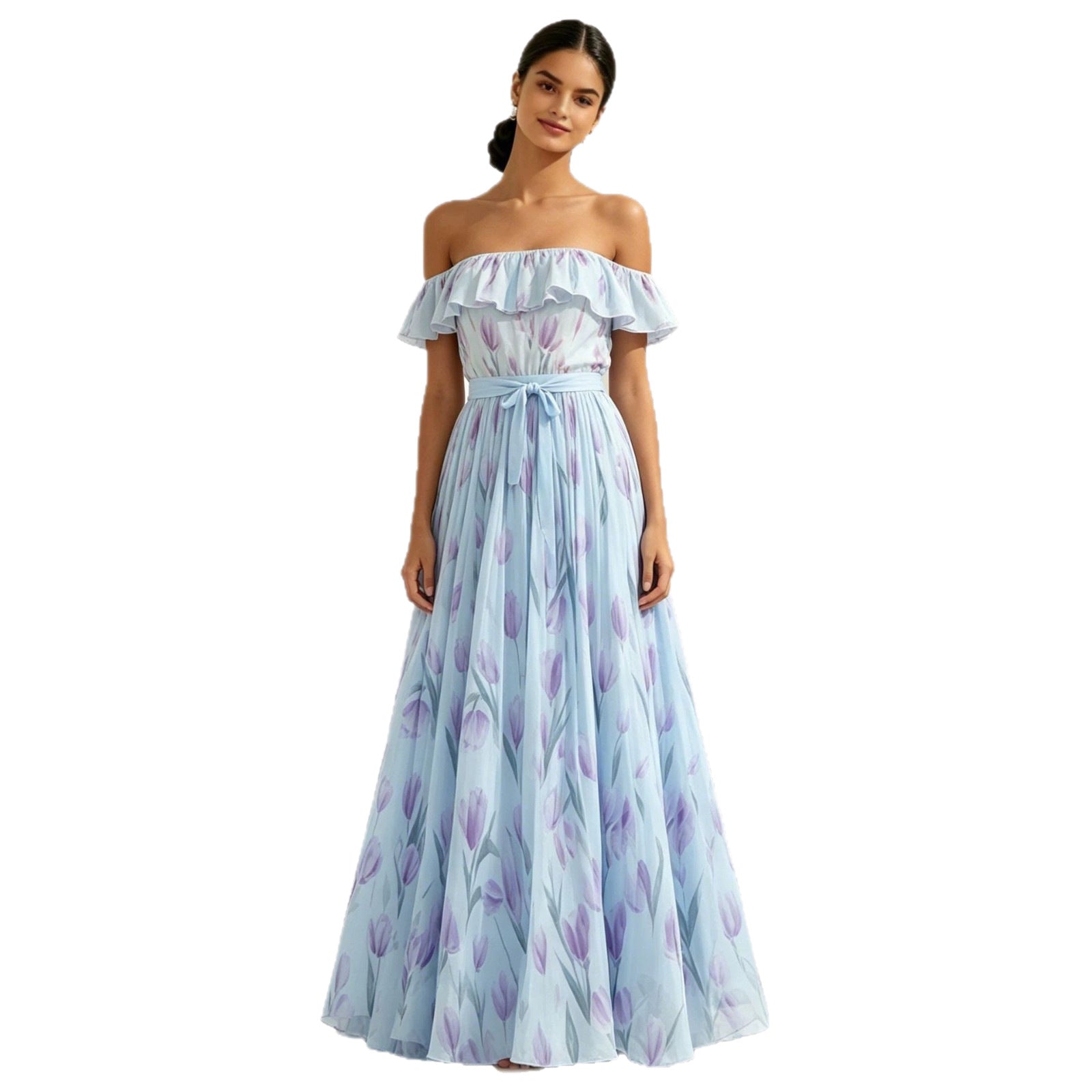 Women's Waist-Cinching Printed Maxi Dress