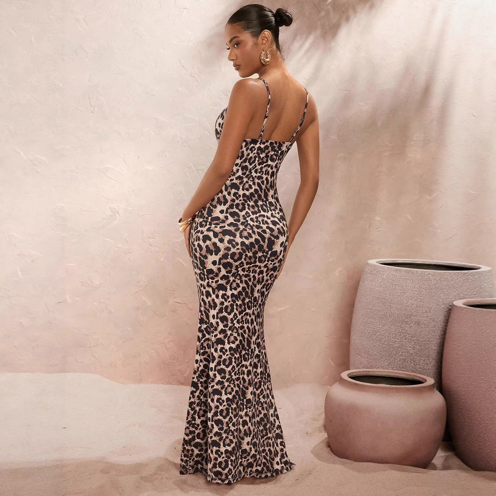 Leopard-Print Polka-Dot Sexy Slip Dress With V-Neck And Elegant Style