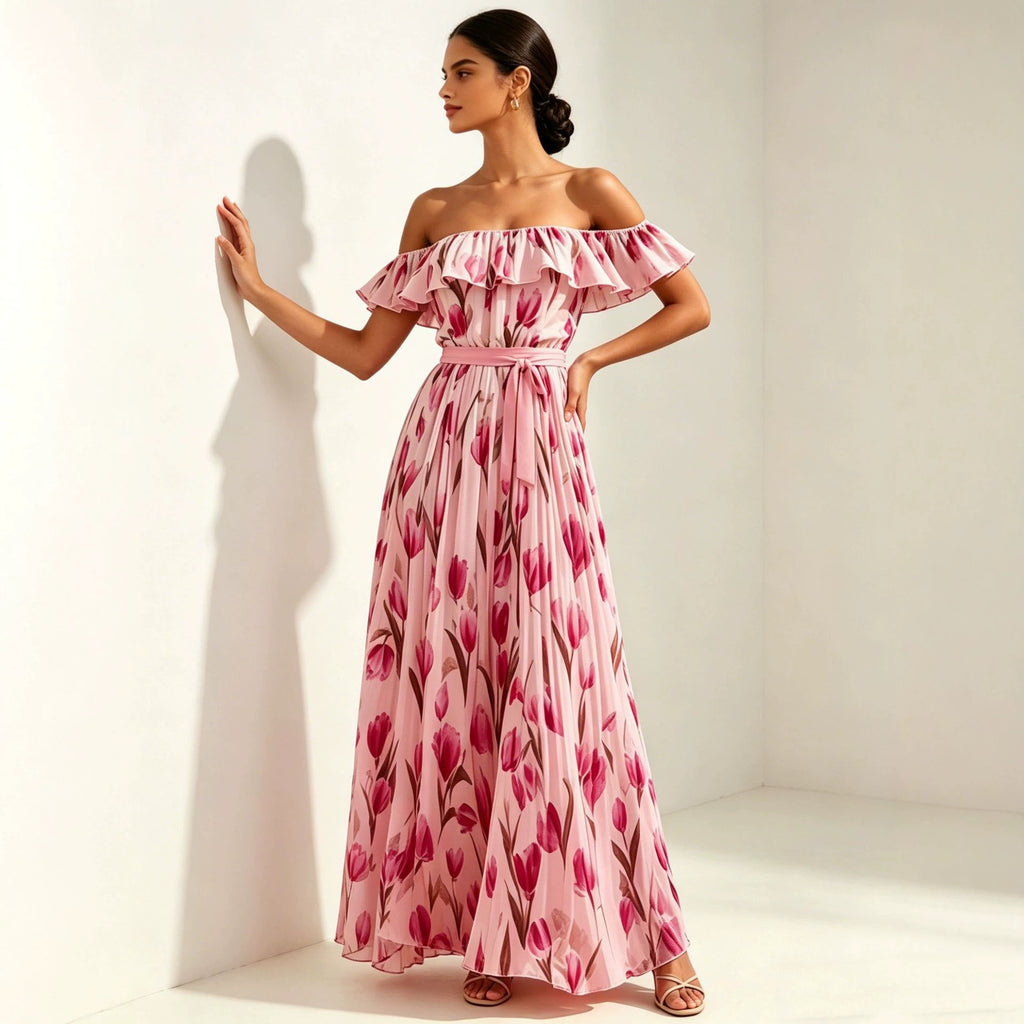 Women's Waist-Cinching Printed Maxi Dress