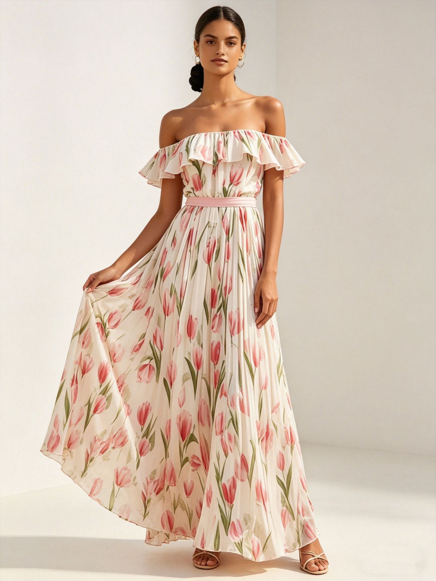 Women's Waist-Cinching Printed Maxi Dress