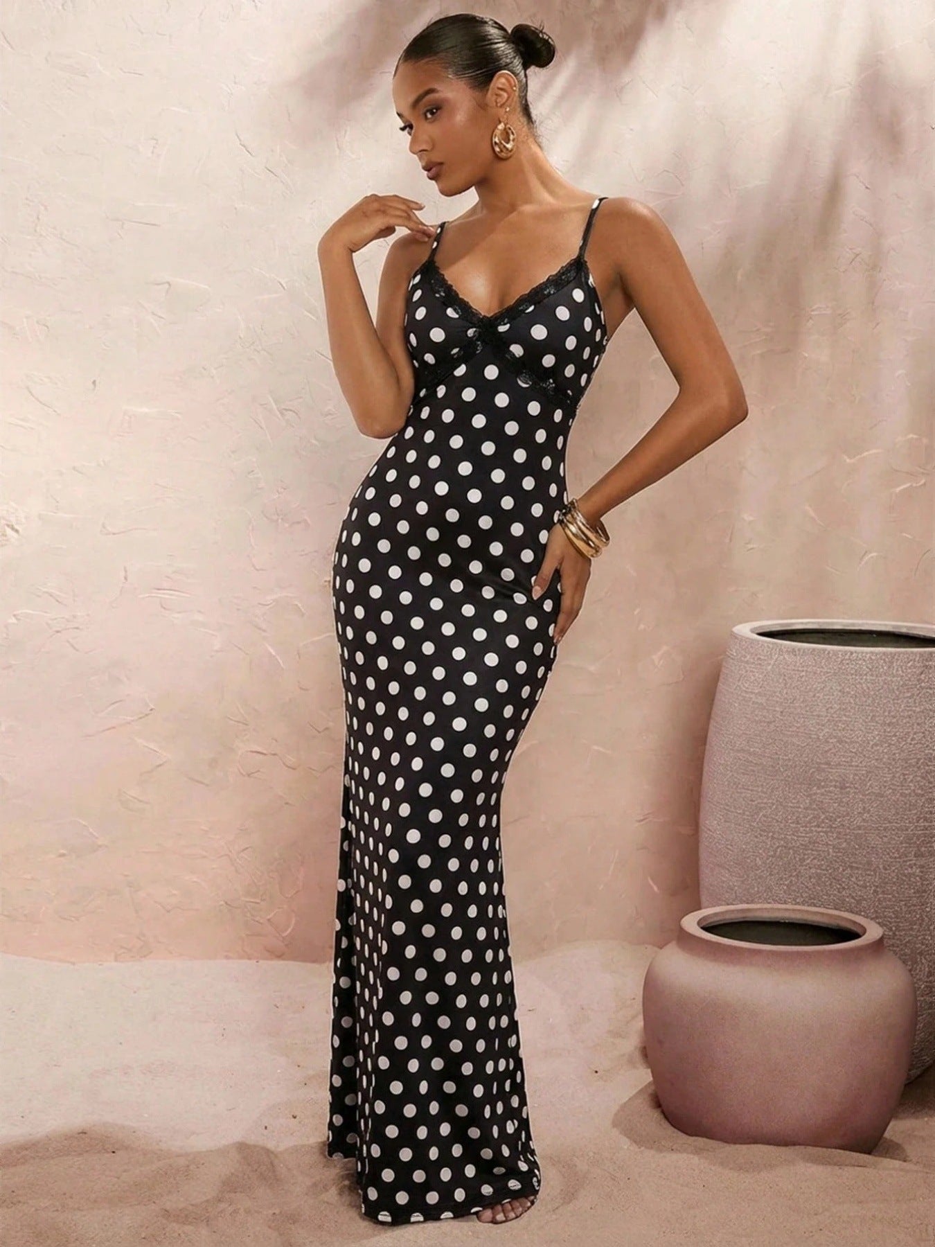Leopard-Print Polka-Dot Sexy Slip Dress With V-Neck And Elegant Style