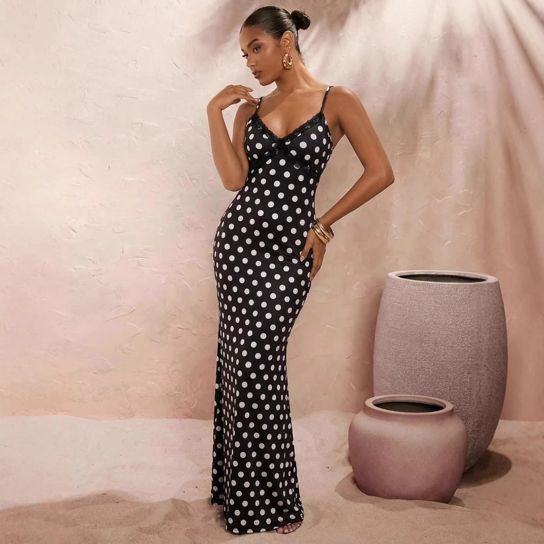 Leopard-Print Polka-Dot Sexy Slip Dress With V-Neck And Elegant Style