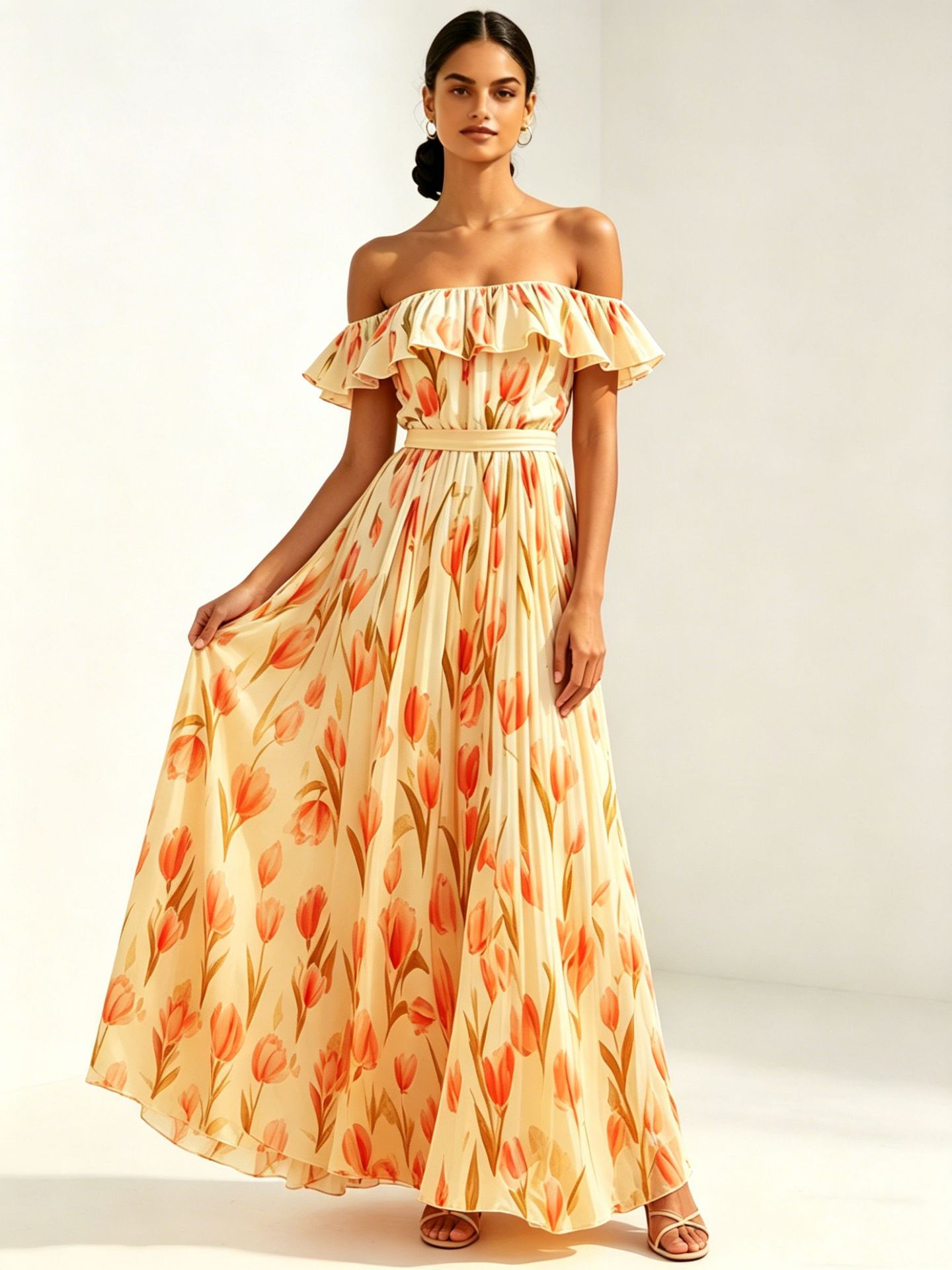 Women's Waist-Cinching Printed Maxi Dress