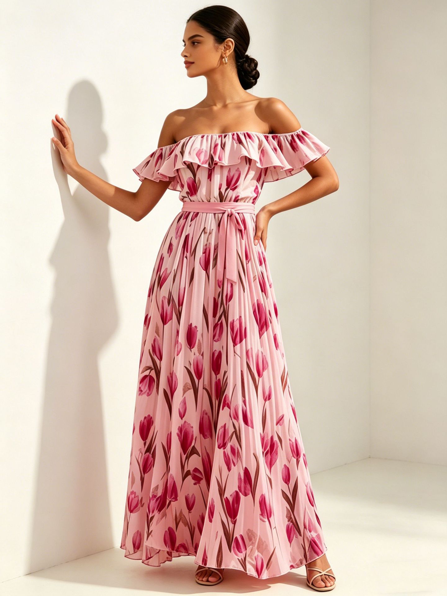 Women's Waist-Cinching Printed Maxi Dress