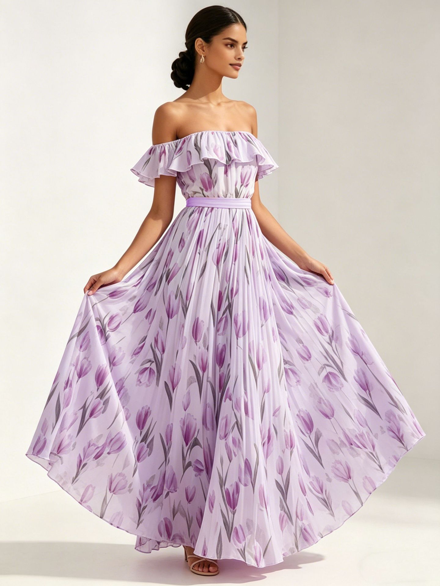 Women's Waist-Cinching Printed Maxi Dress