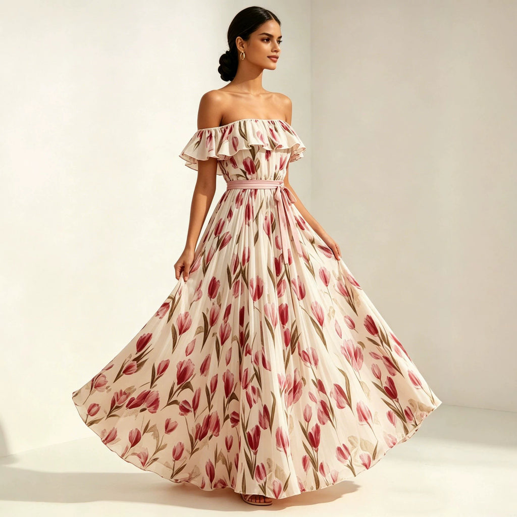 Women's Waist-Cinching Printed Maxi Dress