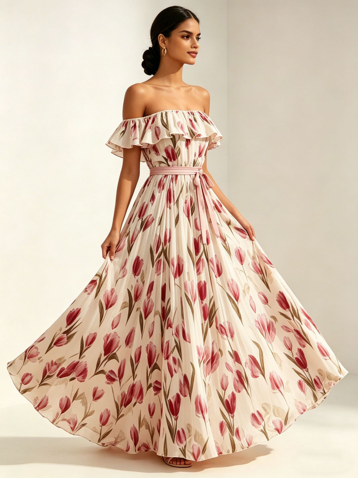 Women's Waist-Cinching Printed Maxi Dress