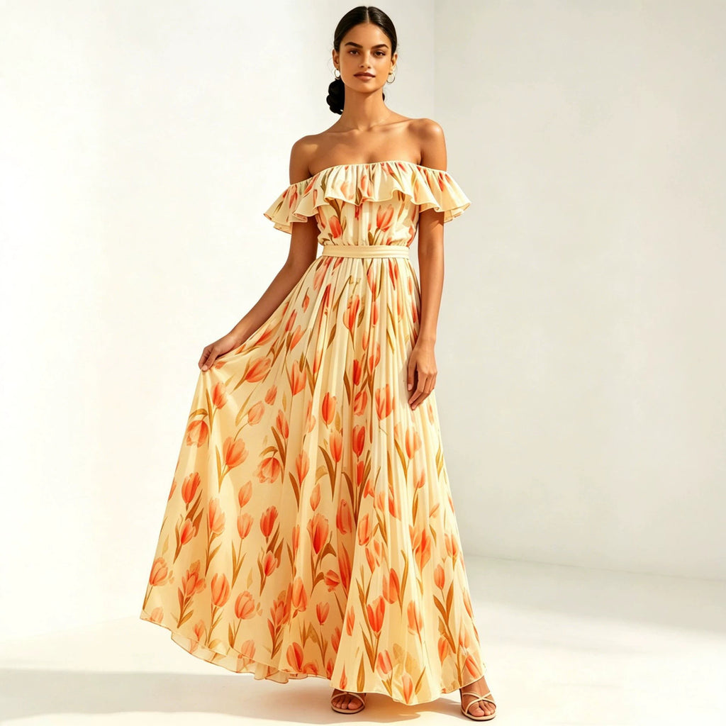 Women's Waist-Cinching Printed Maxi Dress