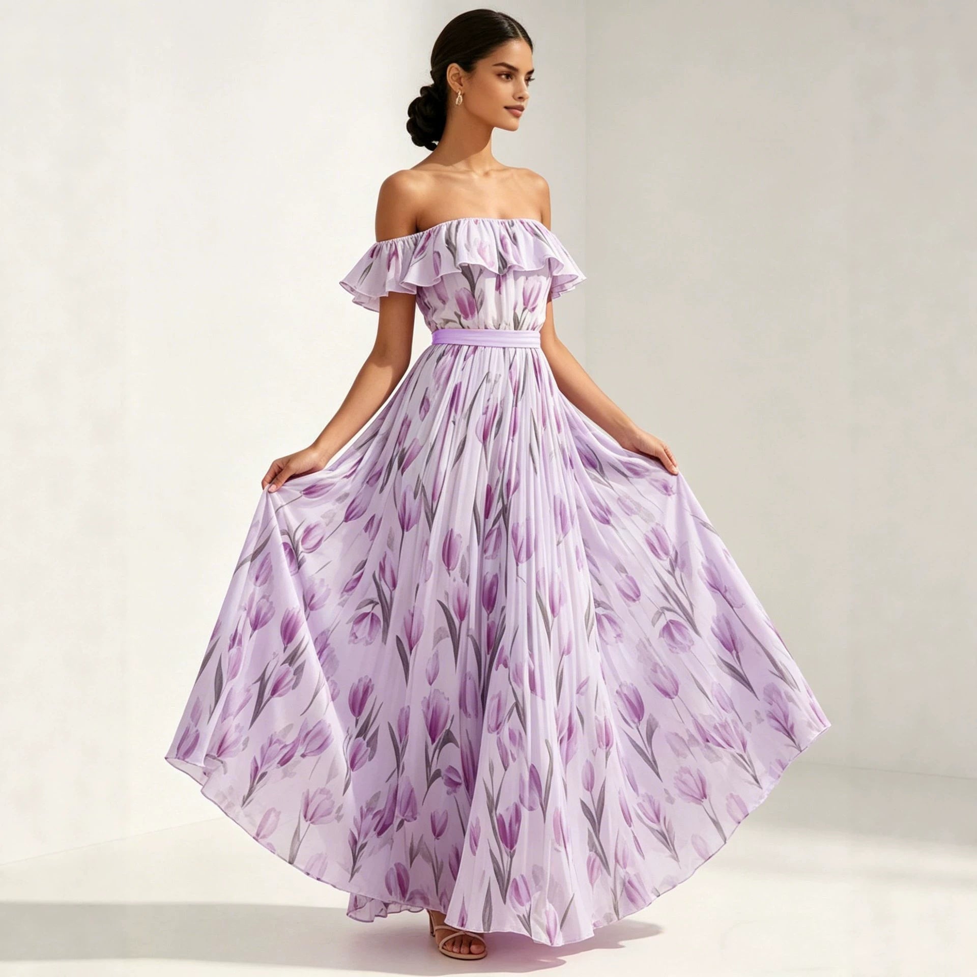 Women's Waist-Cinching Printed Maxi Dress